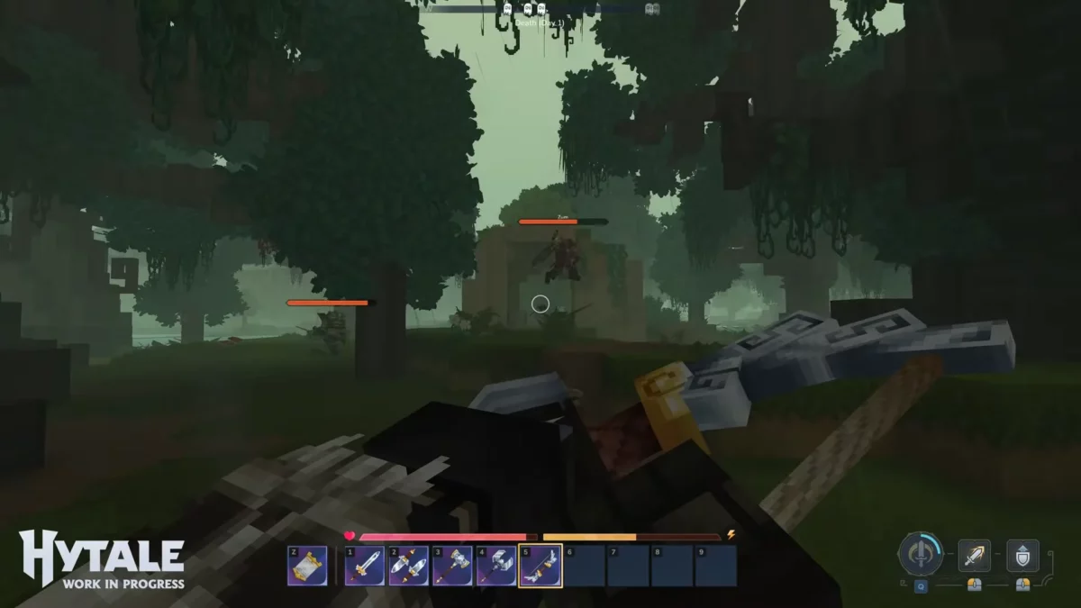 Affrontement PvP en vue subjective dans Hytale, avec plusieurs adversaires visibles pendant une phase de test early access.