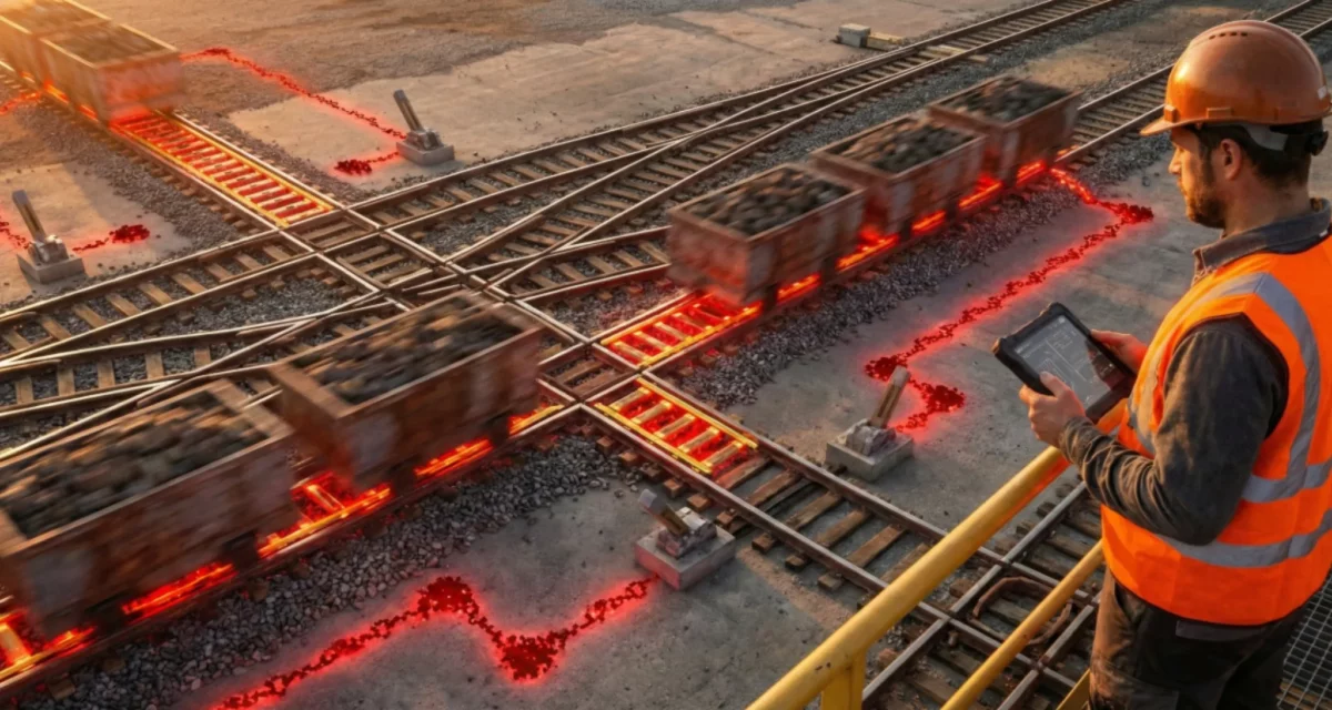 Ingénieur supervisant un réseau de rails Minecraft alimenté par la redstone avec des wagonnets automatisés.