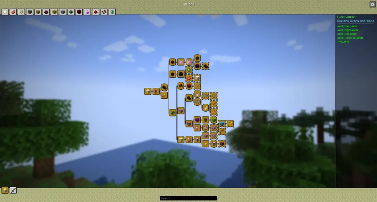Interface des succès étendue du mod Minecraft Advancements Reloaded affichant l’arbre complet des advancements avec une mise en page élargie et structurée