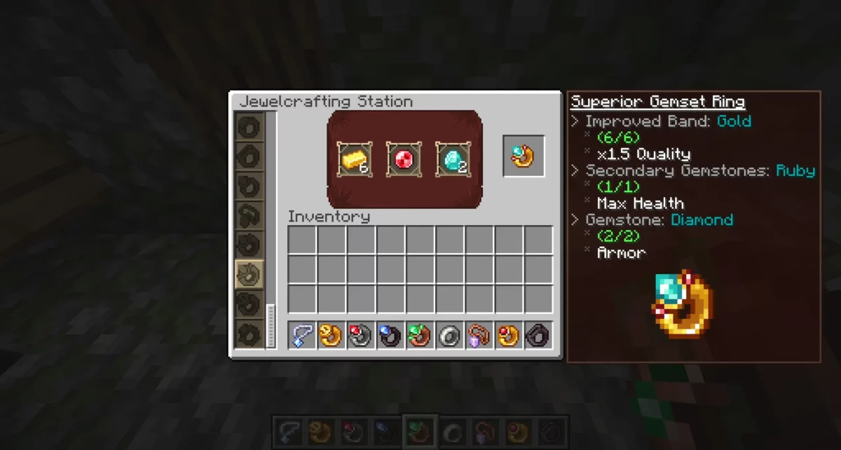 Interface de la Jewelcrafting Station du mod Minecraft Iron’s Gems ’n Jewelry montrant l’assemblage d’un anneau avec métal et gemmes