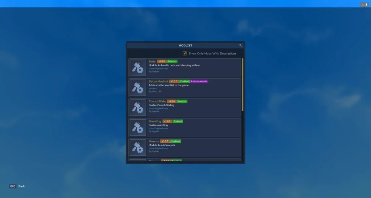 Interface du mod hytale Better Modlist affichant la liste des mods installés avec barre de recherche, statuts activés et prise en charge des asset packs.