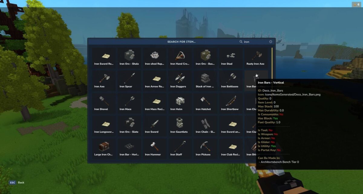 Interface du mod hytale Advanced Item Info affichant la liste des objets filtrés sur le fer, avec les proprietes detaillees visibles au survol d’un item
