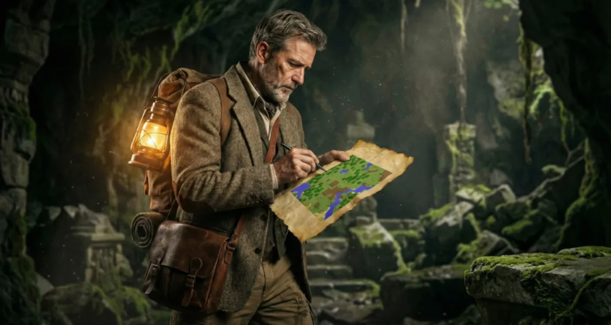 Journaliste explorant une grotte et annotant une carte Minecraft lors d’une expédition souterraine.