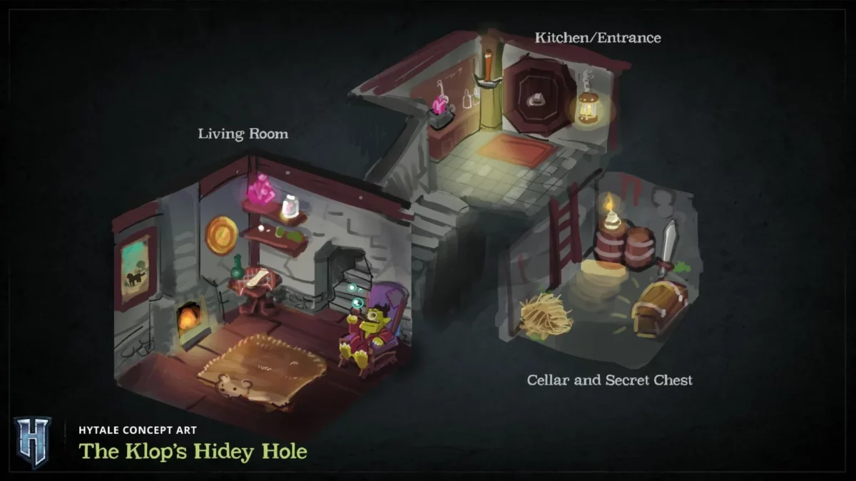 Concept art Hytale d’un interieur de repaire avec pieces separees, objets caches et coffre secret.