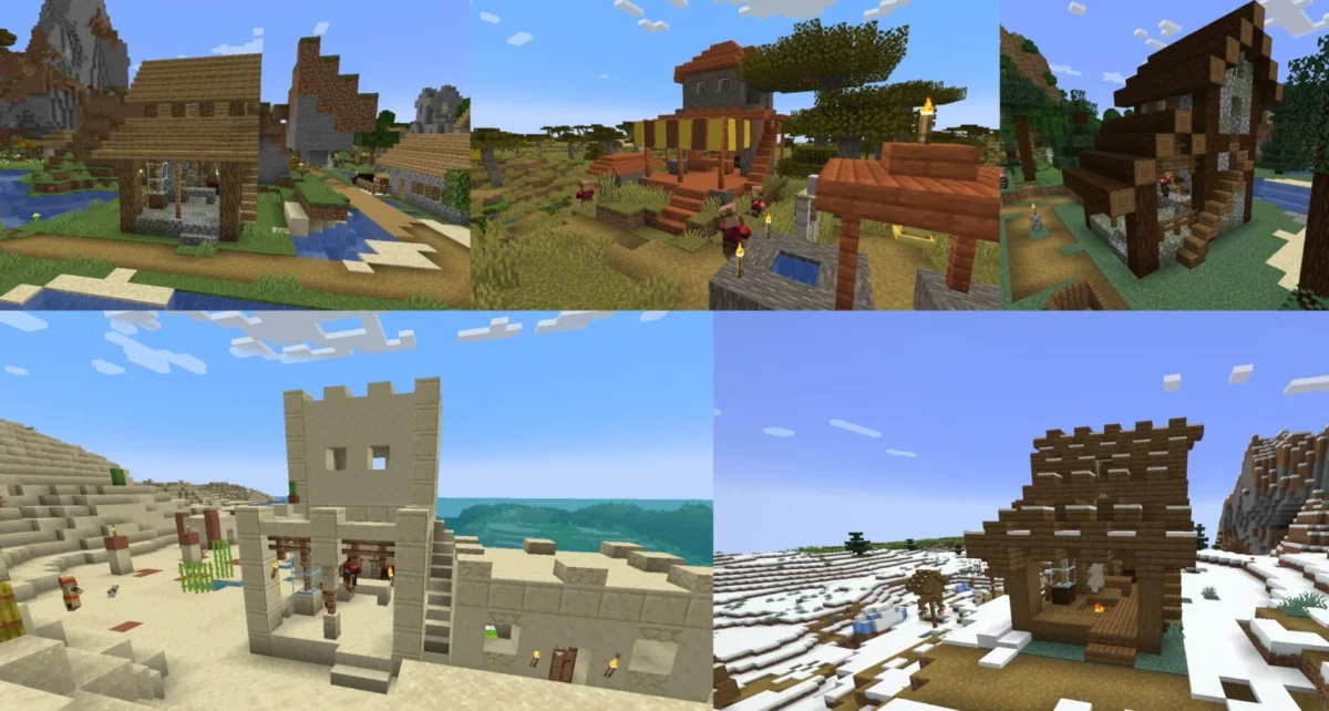 Maisons de joailliers générées dans les villages du mod Minecraft Iron’s Gems ’n Jewelry, intégrées aux biomes plaines, savane, taiga et désert
