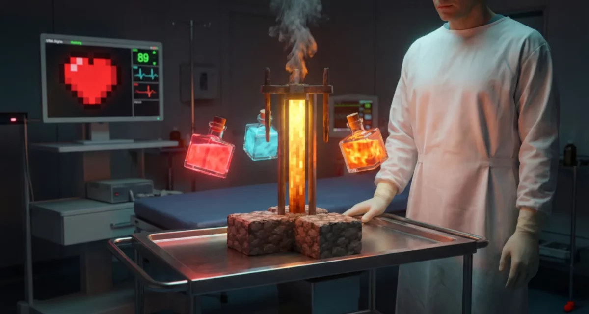 Médecin en blouse blanche travaillant avec une table d’alchimie Minecraft et des potions colorées dans une salle médicale.