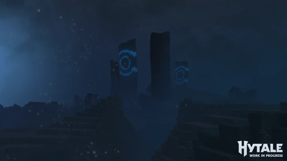 Monolithes mystérieux avec symboles lumineux bleus dans Hytale, intégrés à une zone sombre générée procéduralement