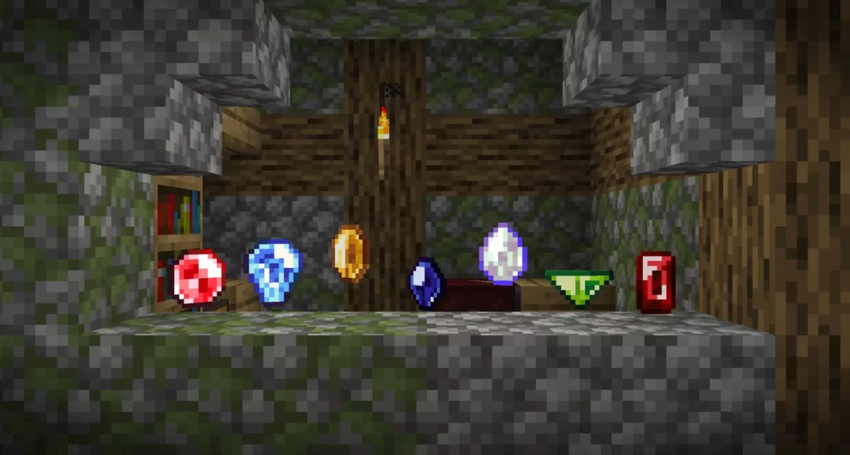 Nouvelles gemmes du mod Minecraft Iron’s Gems ’n Jewelry exposées dans un décor de village, illustrant leur diversité visuelle