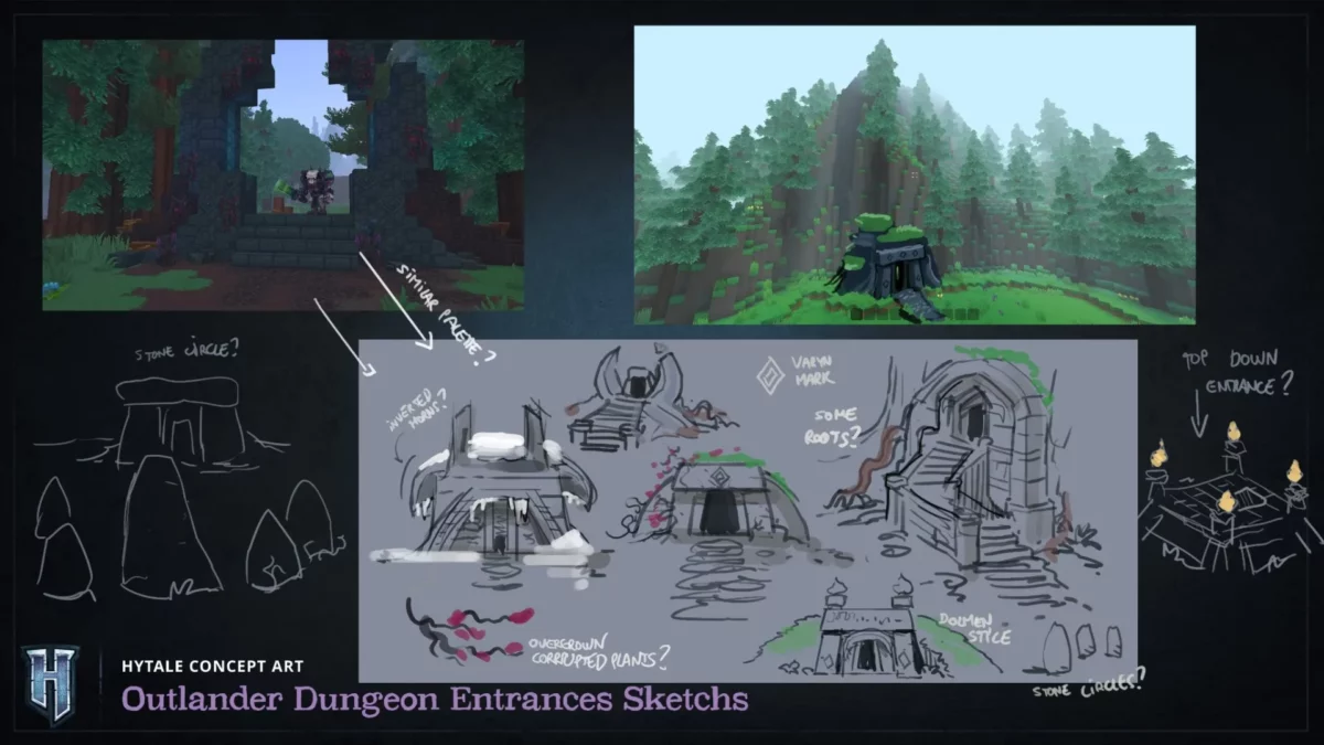 Croquis de concept art Hytale montrant plusieurs idees d’entrees de donjons envahies par la nature.