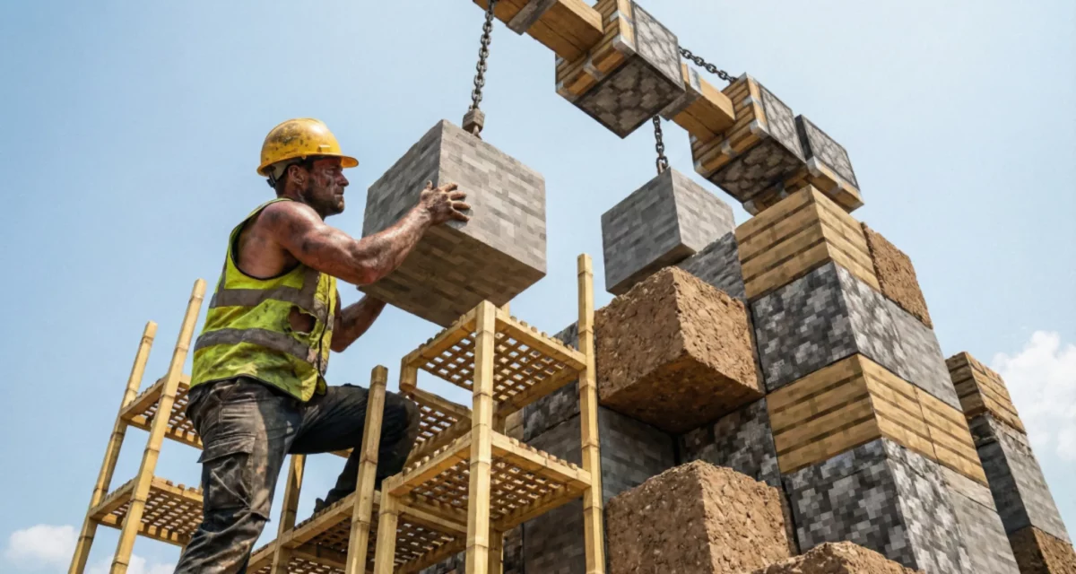 Ouvrier de chantier soulevant des blocs cubiques façon Minecraft pour construire un bâtiment en plein air.