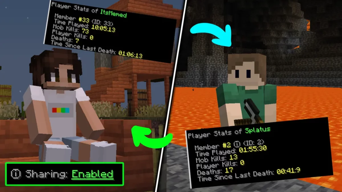 datapack Minecraft Vanilla Refresh montrant le partage et la consultation des statistiques d’un autre joueur à proximité
