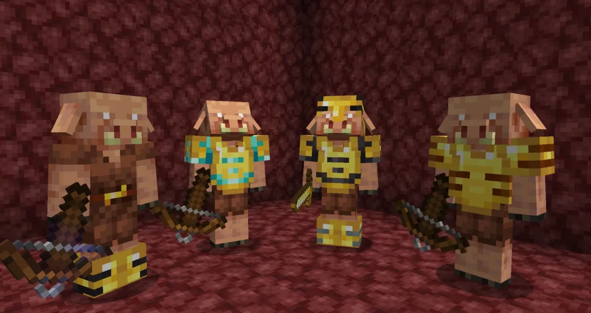 datapack Minecraft Vanilla Refresh montrant des piglins équipés d’armures avec des ornements trim dans le Nether