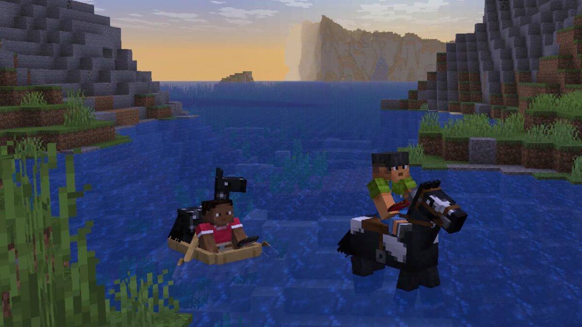 Poulain Minecraft transporté en barque tandis qu’un cheval adulte traverse une rivière dans le snapshot Java