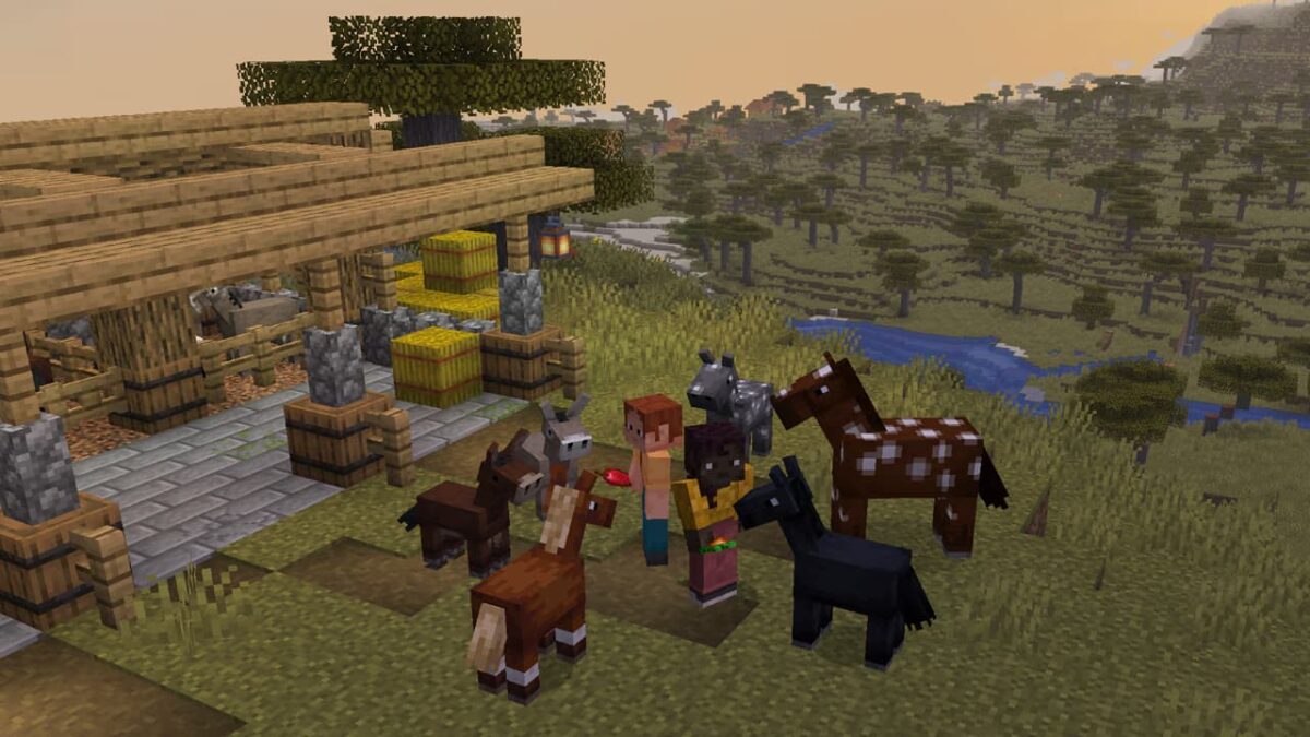 Poulains Minecraft avec leurs nouvelles proportions juvéniles aux côtés de chevaux, ânes et mules près d’une écurie