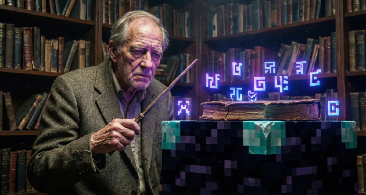 Professeur âgé utilisant une table d’enchantement Minecraft dans une bibliothèque remplie de livres anciens.