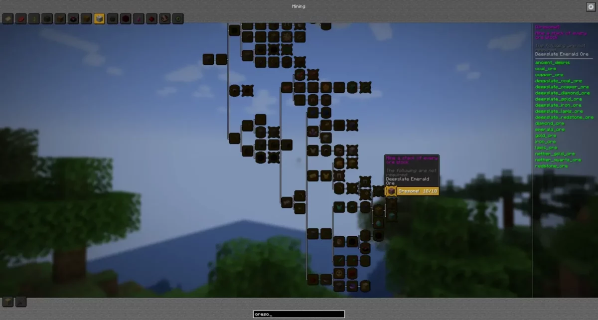 Fonction de recherche du mod Minecraft Advancements Reloaded permettant de filtrer instantanément les succès par mot-clé dans l’interface des advancements