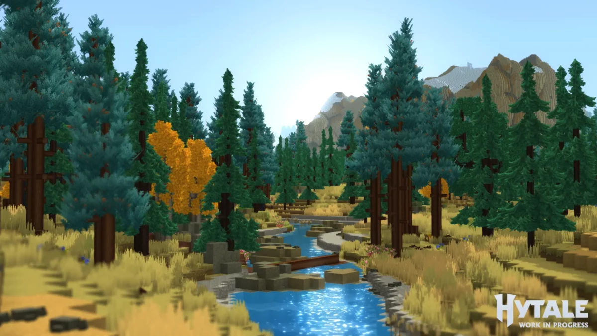 Rivière traversant une forêt de conifères dans Hytale avec une transition naturelle entre biomes et un pont généré procéduralement