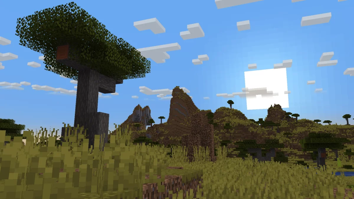 mod Minecraft Geophilic Vanilla Biome Overhauls montrant une savane retravaillee avec acacias mieux structures, herbes hautes et relief plus lisible