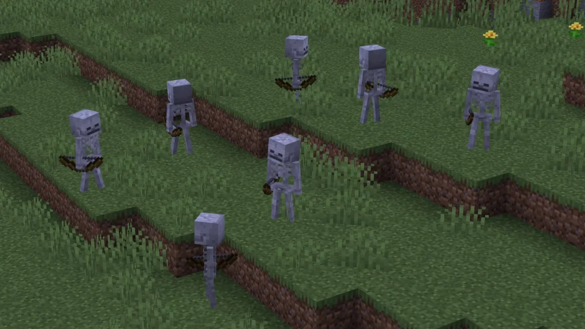 Squelettes alignés dans une plaine Minecraft avant leur mort, montrant les modèles complets utilisés par le mod Minecraft Fresh Skeleton Physics avec Fresh Animations