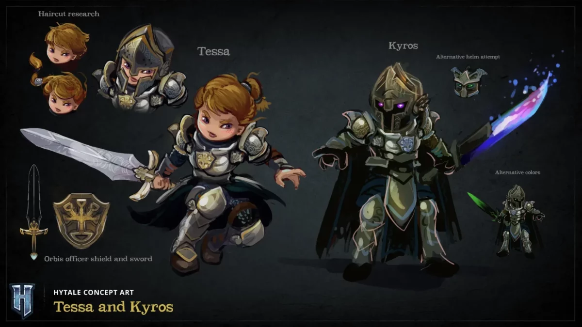 Concept art Hytale de Tessa et Kyros avec equipements, variantes de casques et armes.