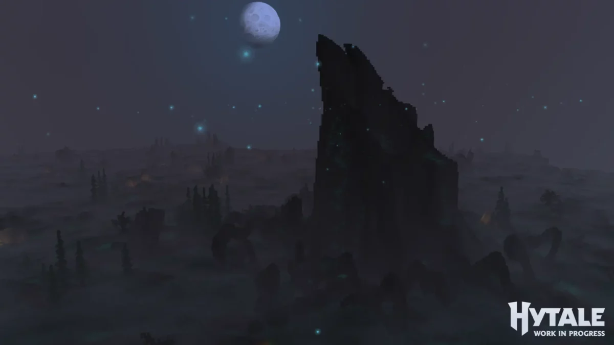 Formation rocheuse géante appelée Trunk dans Hytale, générée procéduralement dans un paysage nocturne brumeux