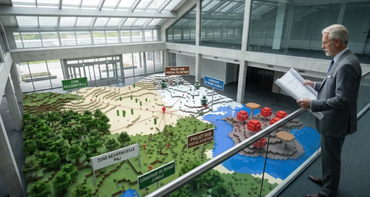 Urbaniste analysant une maquette géante composée de biomes Minecraft, avec zones résidentielles et portails interconnectés.