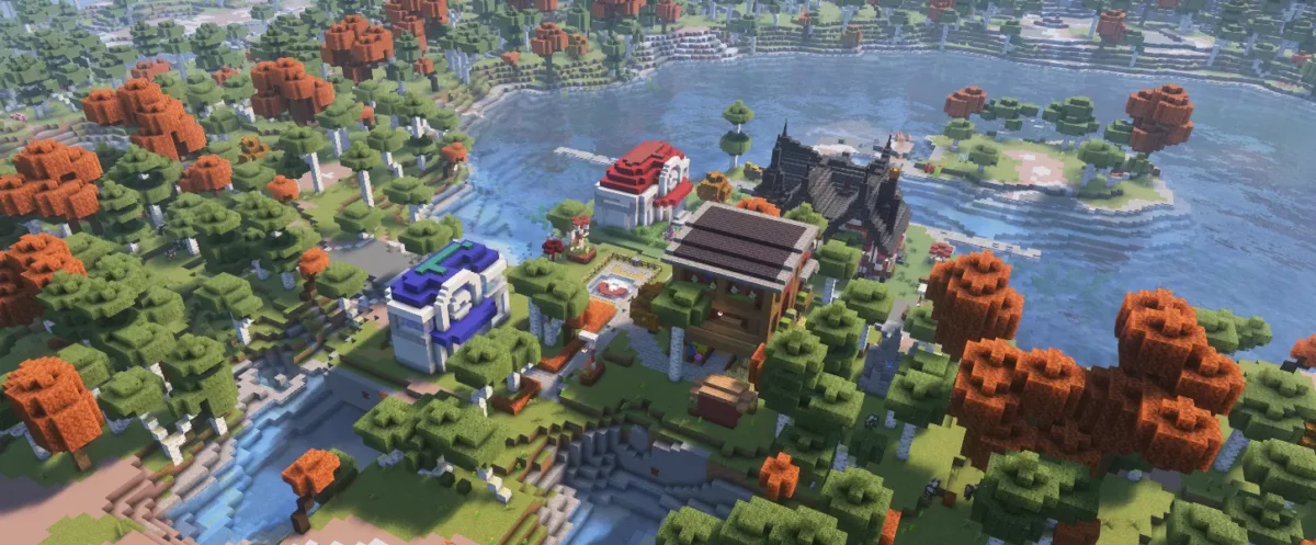 Village Cobblemon généré près d’un lac par le mod Minecraft Cobblemon Additions, avec Pokécenter, bâtiments centraux et chemins structurés.