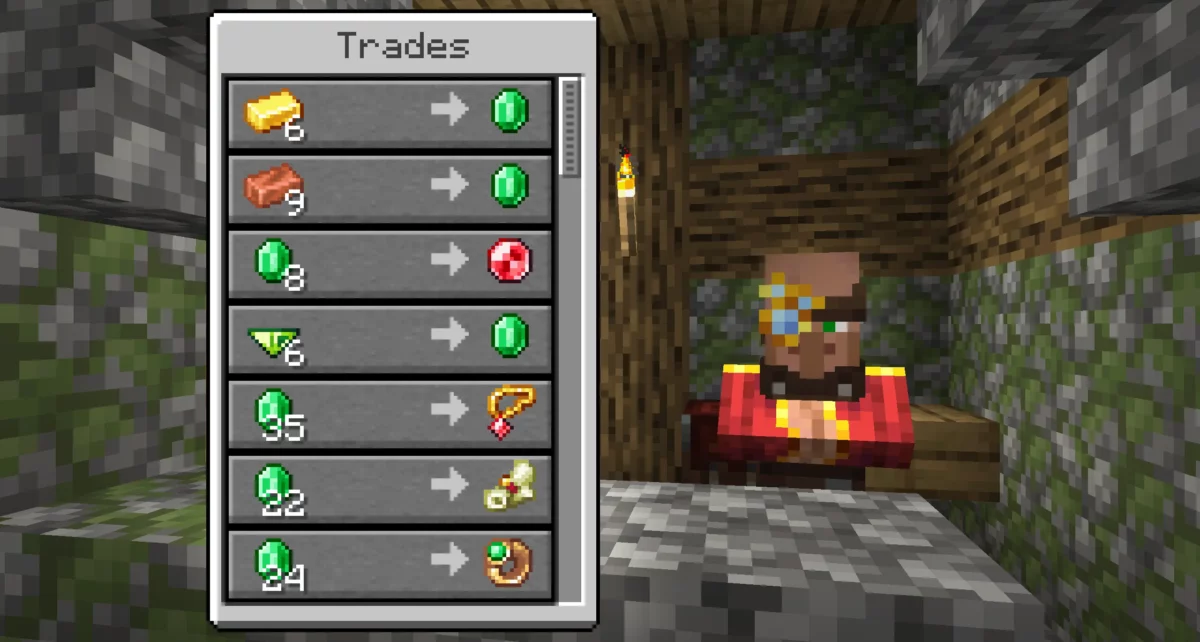 Villageois joaillier du mod Minecraft Iron’s Gems ’n Jewelry proposant des échanges de gemmes, bijoux et parchemins d’artisan