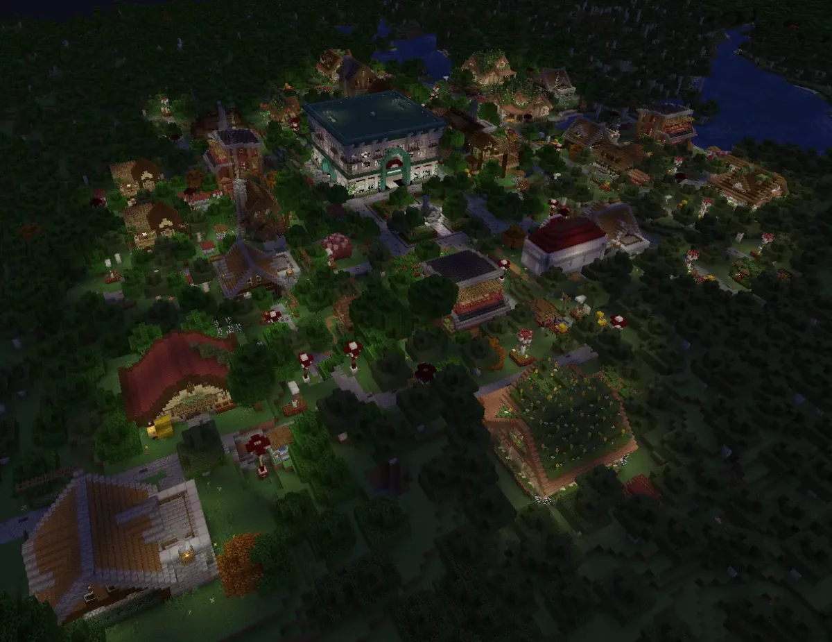 Grande ville Cobblemon de nuit générée par le mod Minecraft Cobblemon Additions, avec centre urbain éclairé et quartiers résidentiels visibles.