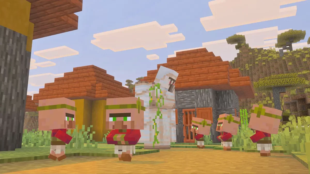 bébé villageois Minecraft avec nouveau modèle entouré d’un golem de fer dans un village