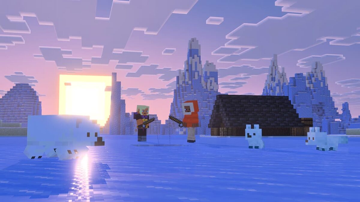 Bébé ours polaire et bébés renards arctiques sur la glace dans un biome gelé de Minecraft au coucher du soleil