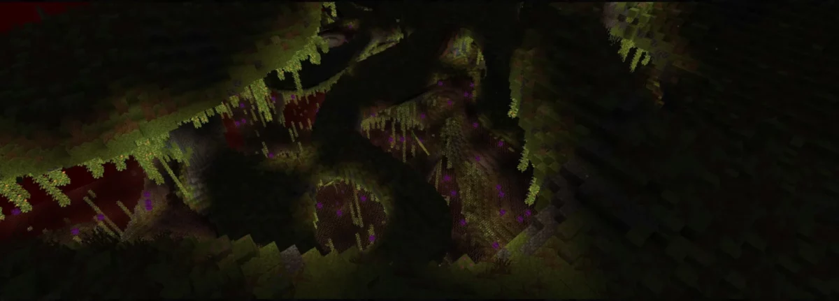 mod Minecraft ArPhEx biome Crawling Canopy forêt suspendue sombre avec lianes et brume rouge