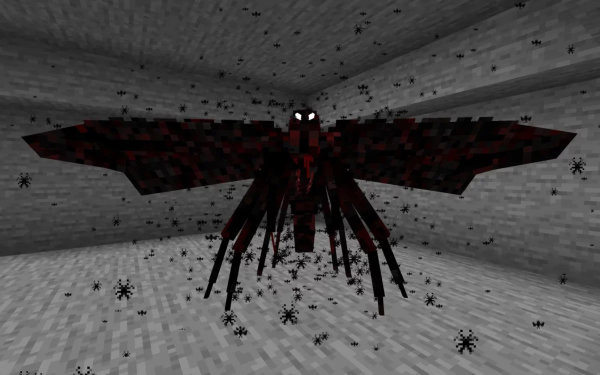 mod Minecraft ArPhEx boss Spider Moth créature démoniaque ailée rouge et noire apparaissant lors d’un orage