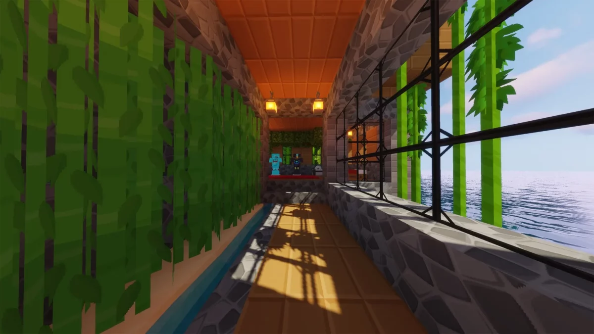 pack de texture Minecraft SimonKraft montrant un couloir intérieur avec bambous, grandes fenêtres et vue sur l’océan