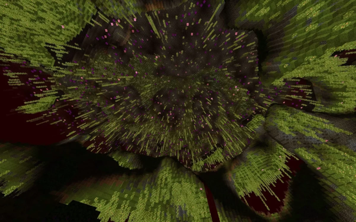 mod Minecraft ArPhEx dimension The Crawling vue plongeante d’un biome organique avec végétation suspendue et particules violettes
