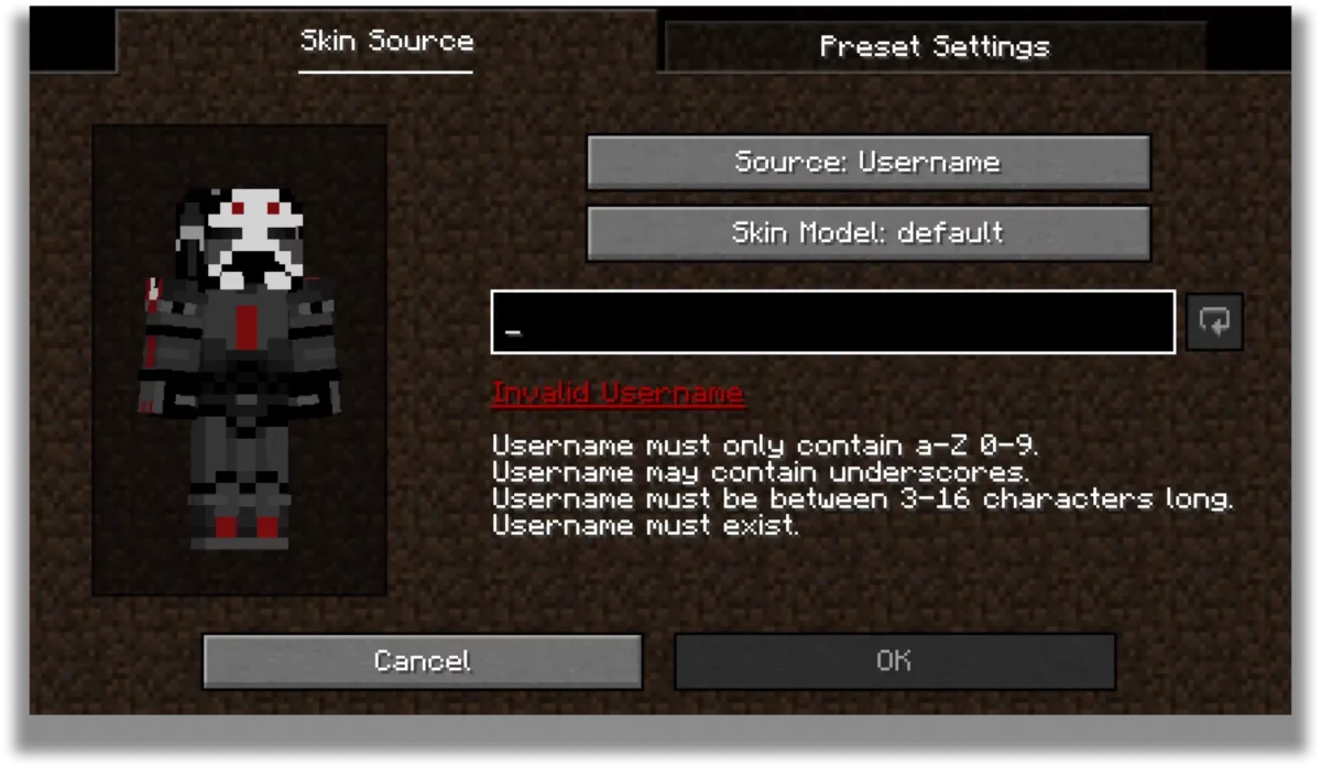 mod Minecraft SkinShuffle ecran edition preset modification texture modele et nom du skin