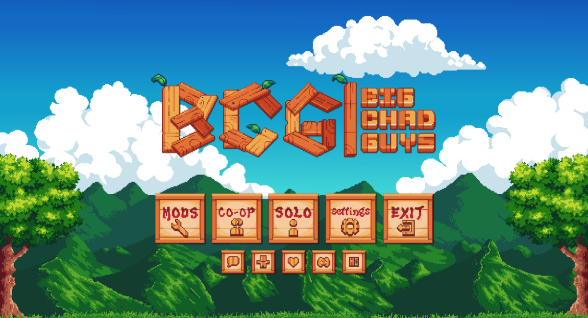 mod Minecraft FancyMenu écran titre personnalisé BigChadGuys avec logo en bois pixel art et menu coop solo