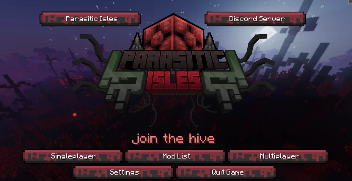 mod Minecraft FancyMenu écran titre serveur Parasite Isles avec boutons personnalisés et ambiance sombre