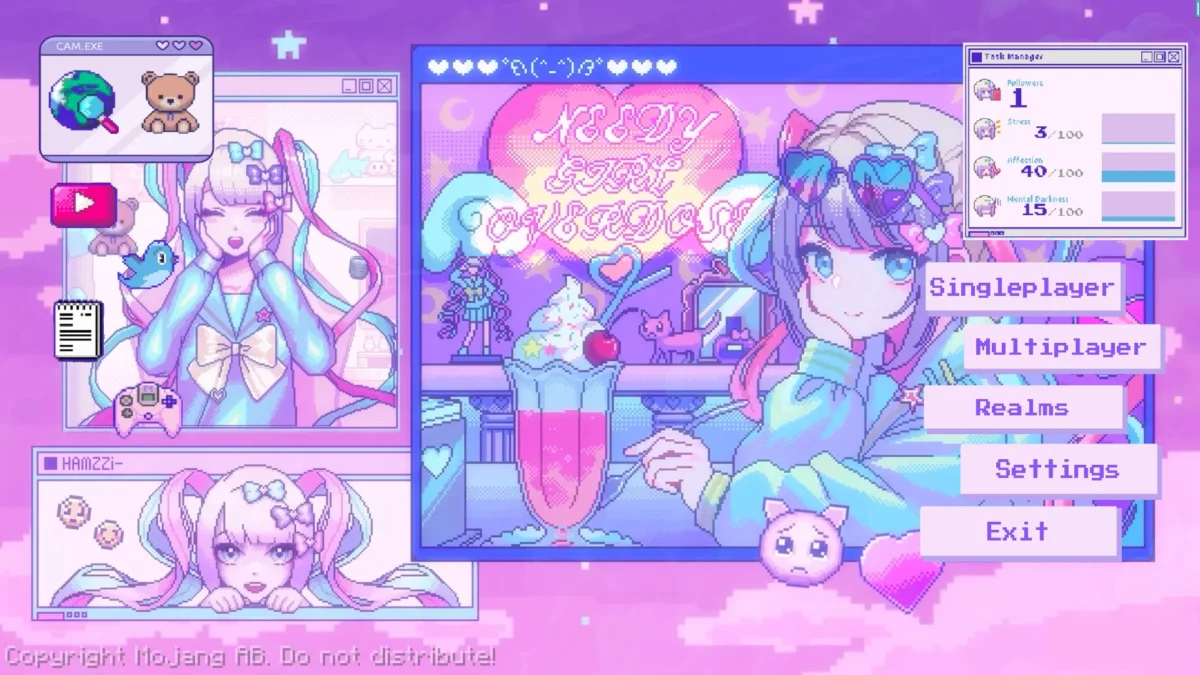 mod Minecraft FancyMenu écran titre pastel style anime avec interface personnalisée et panneaux latéraux illustrés