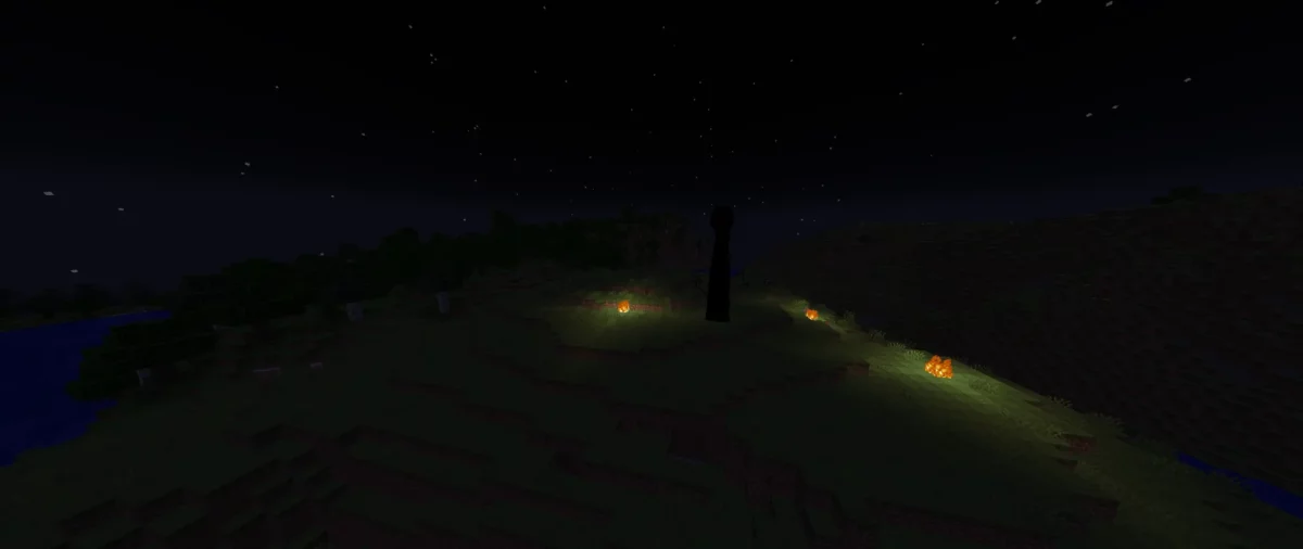Mod Minecraft No Moon présentant une entité élancée observant le joueur dans l’obscurité sans attaquer immédiatement