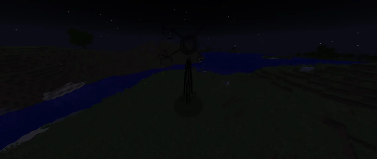 Mod Minecraft No Moon montrant une entité solitaire et menaçante apparaissant de nuit dans un paysage corrompu