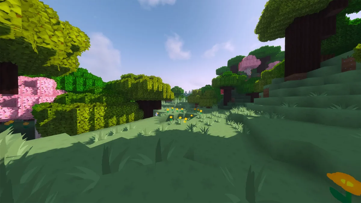 pack de texture Minecraft SimonKraft illustrant une prairie verdoyante avec arbres arrondis et fleurs jaunes sous lumière douce