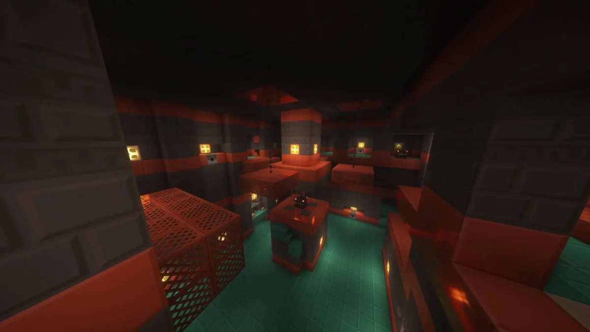 pack de texture Minecraft SimonKraft montrant une salle futuriste rouge et grise avec plateformes suspendues et éclairages chauds