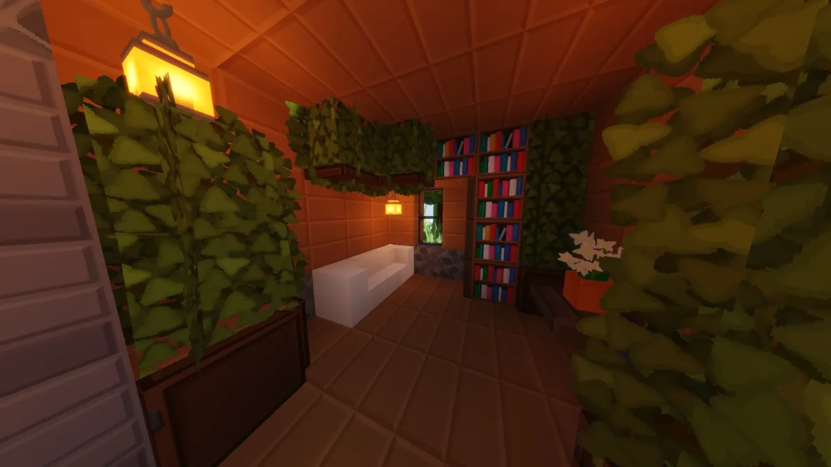 pack de texture Minecraft SimonKraft présentant un salon cosy avec bibliothèque, plantes suspendues et éclairage chaleureux