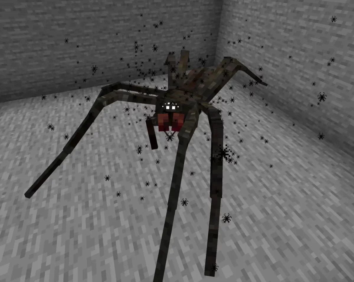 mod Minecraft ArPhEx Spider Prowler araignée sombre aux yeux brillants entourée de particules noires