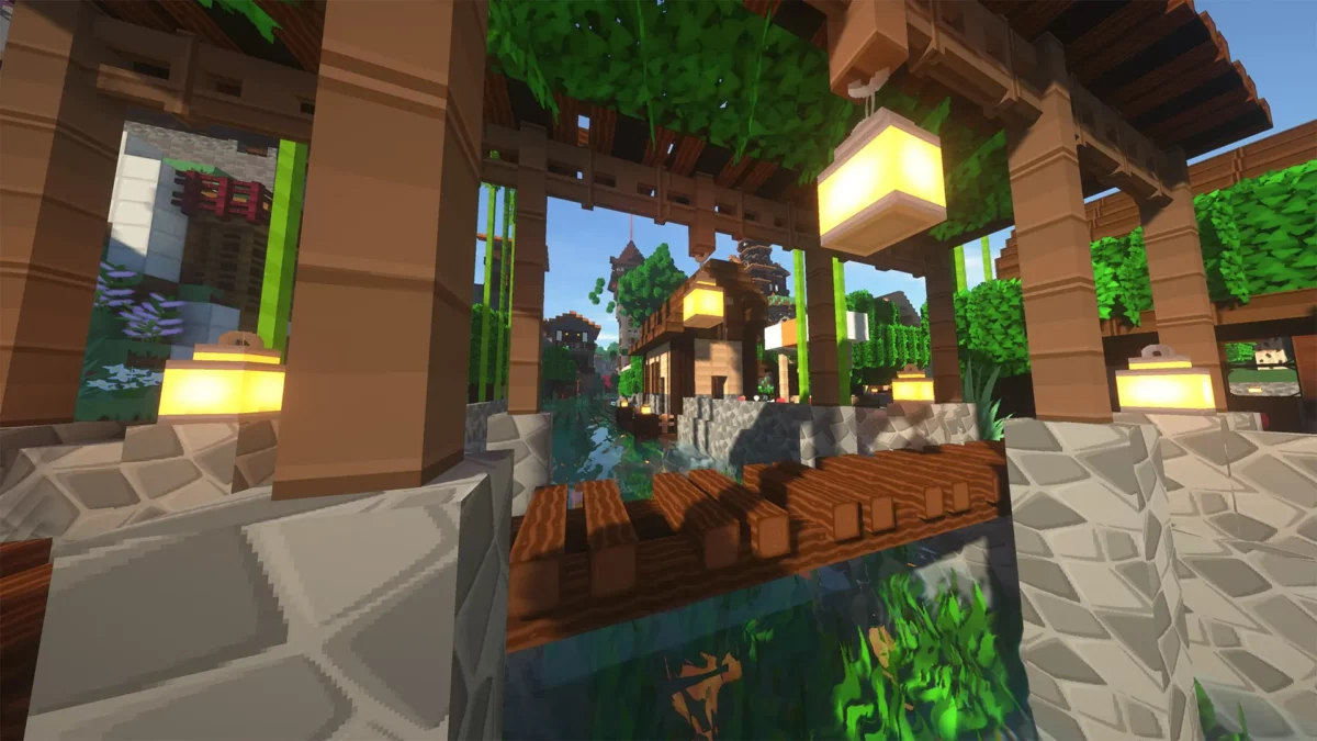 pack de texture Minecraft SimonKraft illustrant un village japonais avec lanternes suspendues et pont en bois au-dessus de l’eau