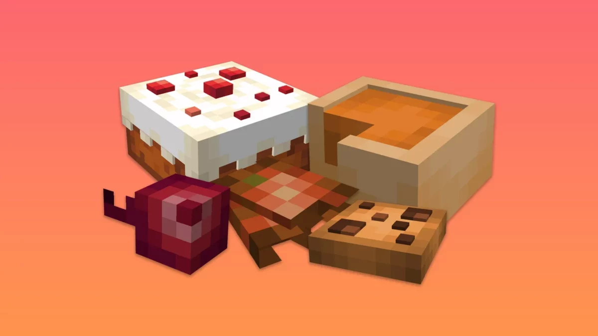 Gâteaux et sucreries en 3D du pack de texture Minecraft Fresh Food : cake aux cerises, tarte à la citrouille, cookie et betterave confite