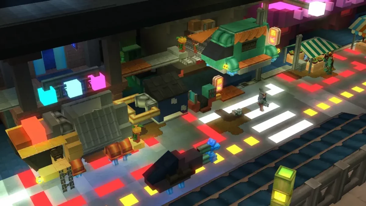 Scène urbaine construite avec les nouveaux blocs Cybercity de Hytale, avec néons, enseignes et passages piétons lumineux