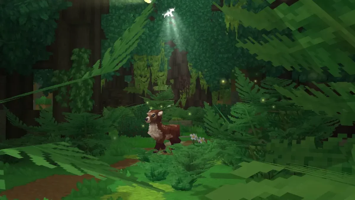 Un faon dans une forêt dense de Hytale, éclairée par des lucioles et des rayons de lumière filtrant à travers la canopée