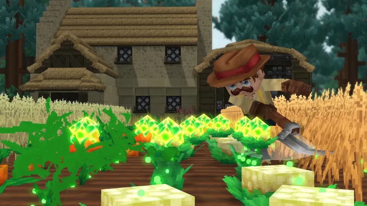 Personnage fermier utilisant une faucille pour récolter dans Hytale, avec des cultures luminescentes au premier plan